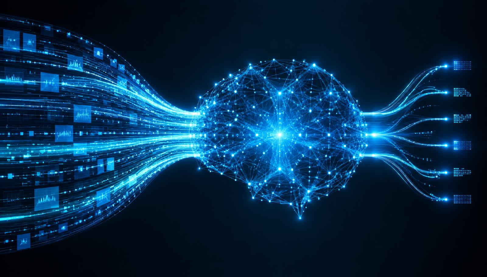 Enterprise AI visualization of data streams entering an intelligent neural network