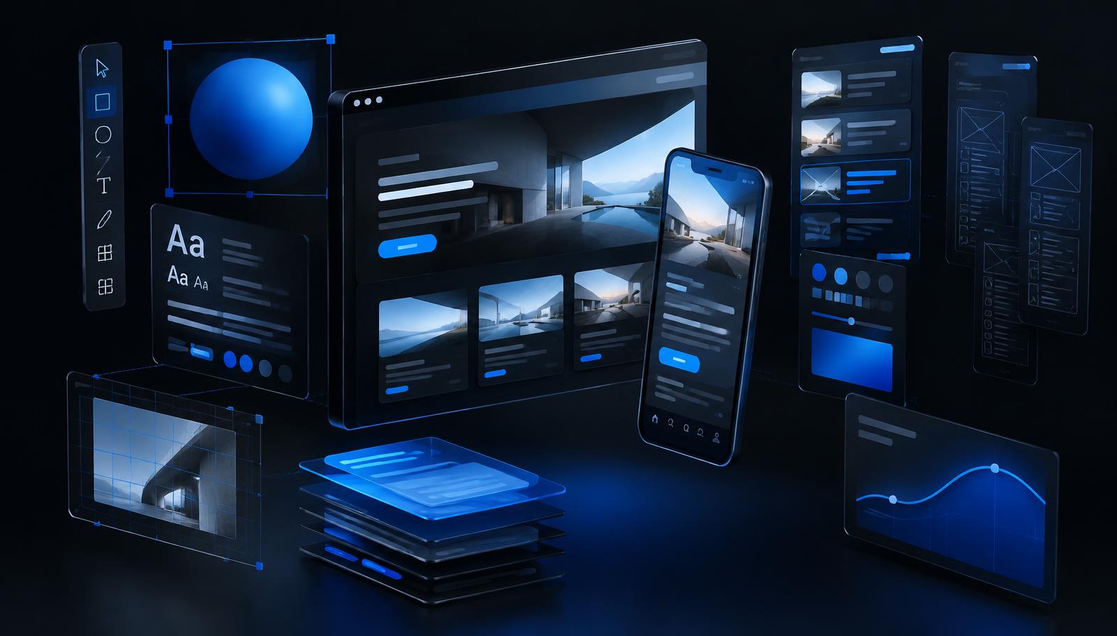 Product design studio visualization with interface layers and typography systems