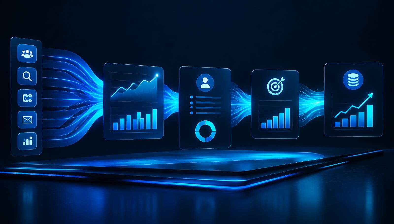 Marketing analytics visualization with traffic, leads and revenue flowing through a dashboard ecosystem