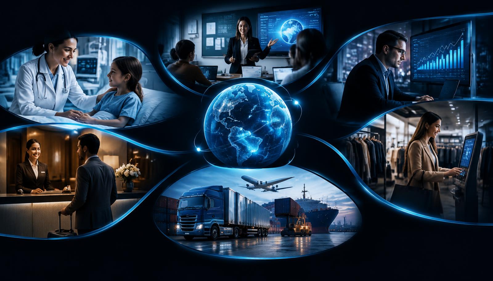 Composite visual of healthcare, education, finance, retail, logistics and hospitality scenes