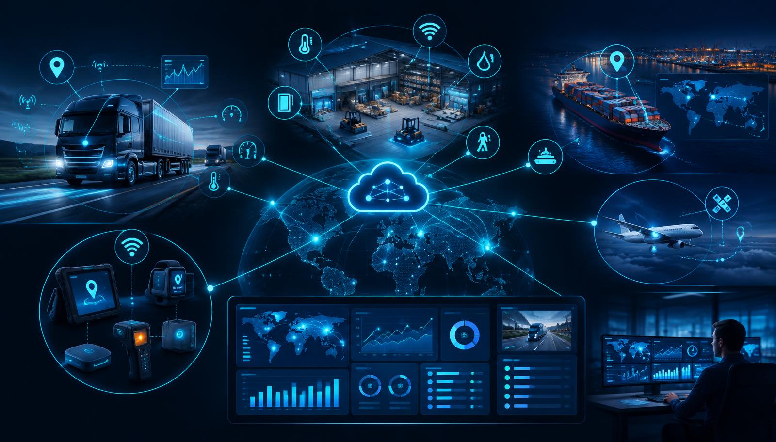 Connected smart logistics ecosystem with vehicle telemetry, warehouse sensors and shipment tracking