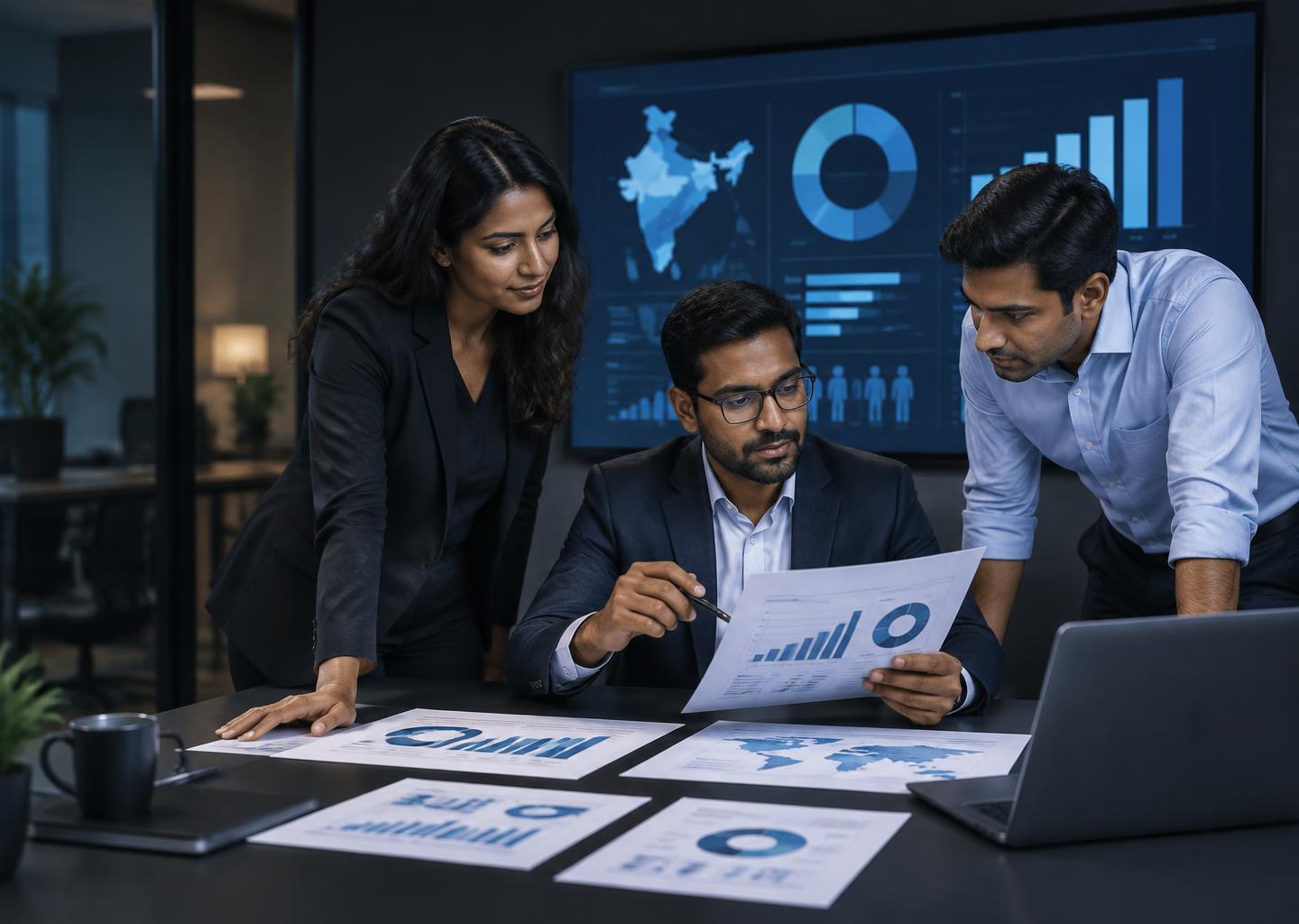 Illustrative research analysts reviewing market data and consumer insights