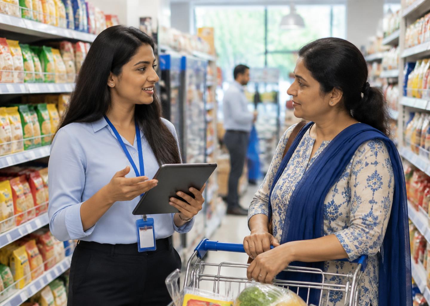 Illustrative field researcher interviewing a retail shopper using a tablet