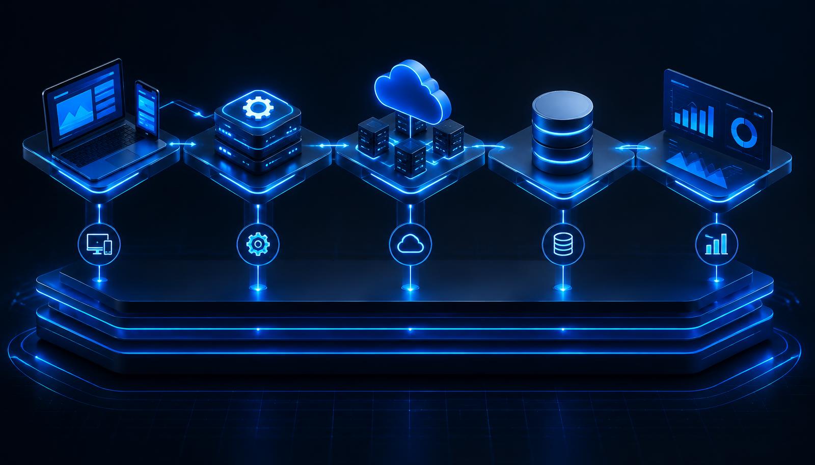 Software architecture visualization with connected frontend, cloud, database and analytics layers